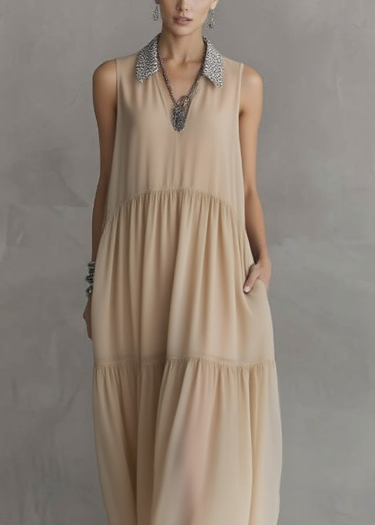 Fashion Peter Pan Collar Wrinkled Patchwork Chiffon Dress Sleeveless