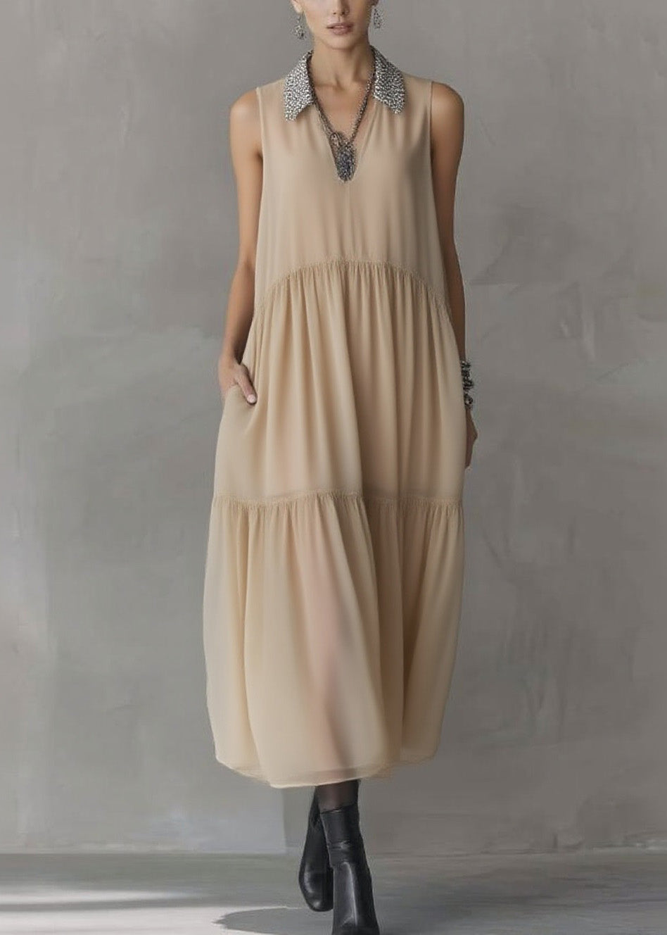 Fashion Peter Pan Collar Wrinkled Patchwork Chiffon Dress Sleeveless