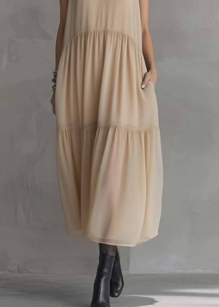 Fashion Peter Pan Collar Wrinkled Patchwork Chiffon Dress Sleeveless