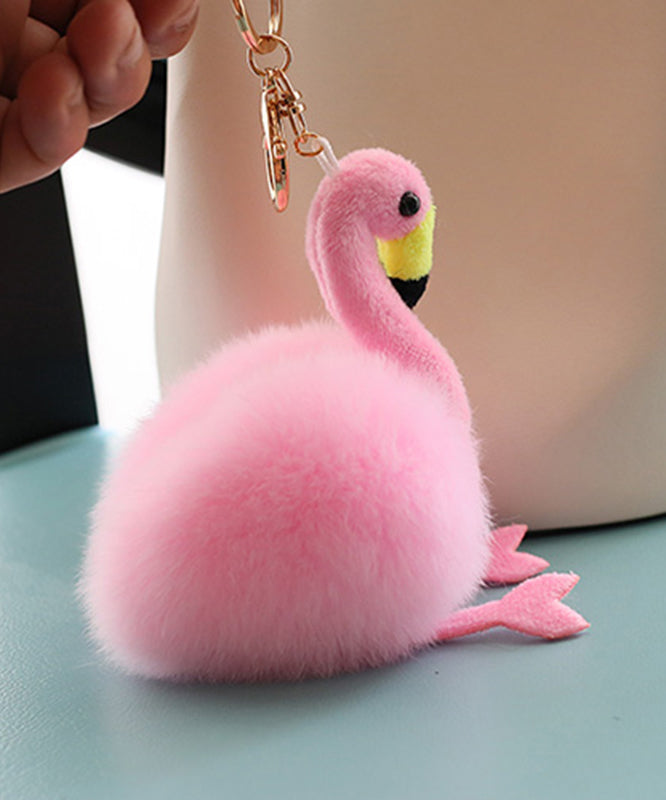 Fashion Pink Alloy Fuzzy Fur Fluffy Flamingo keychains