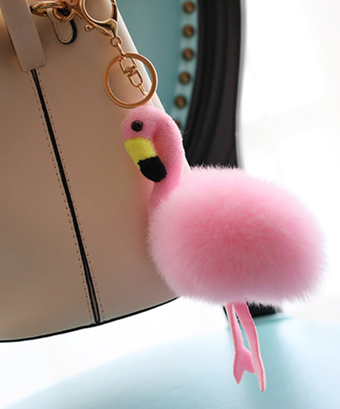 Fashion Pink Alloy Fuzzy Fur Fluffy Flamingo keychains
