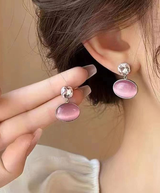 Fashion Pink Alloy Zircon Cat's Eye Stone Drop Earrings