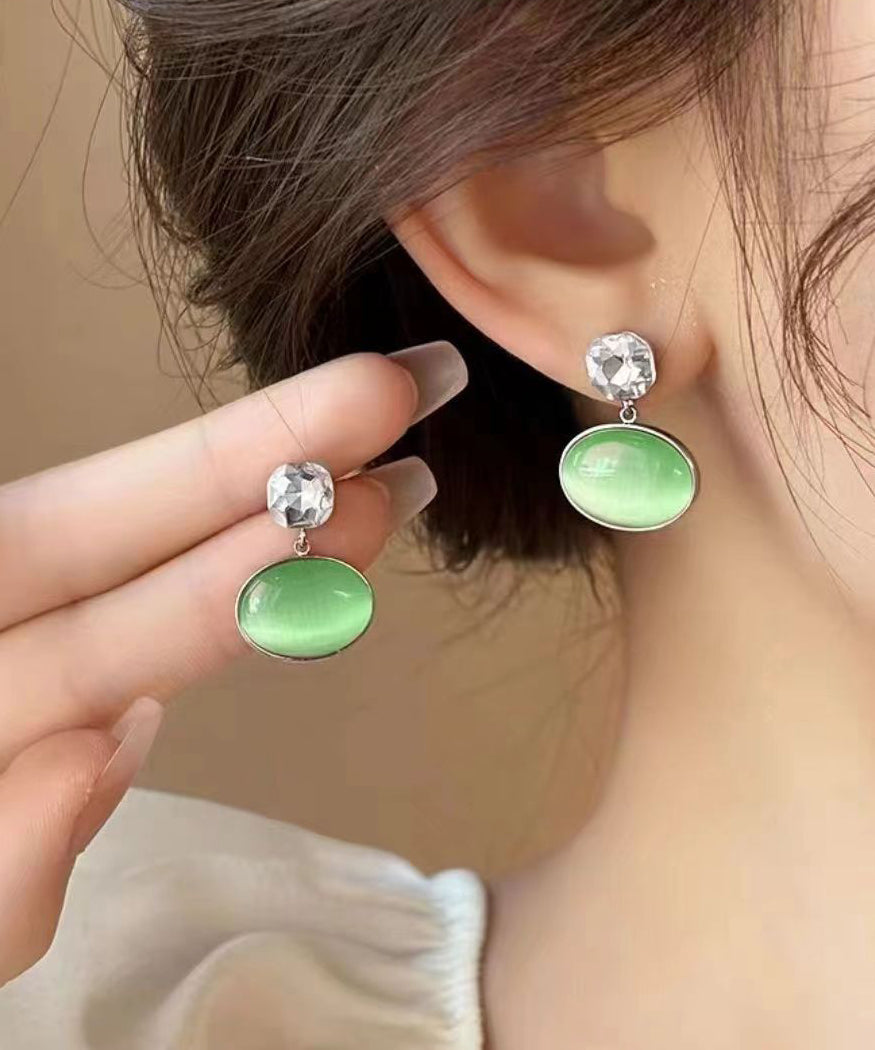 Fashion Pink Alloy Zircon Cat's Eye Stone Drop Earrings
