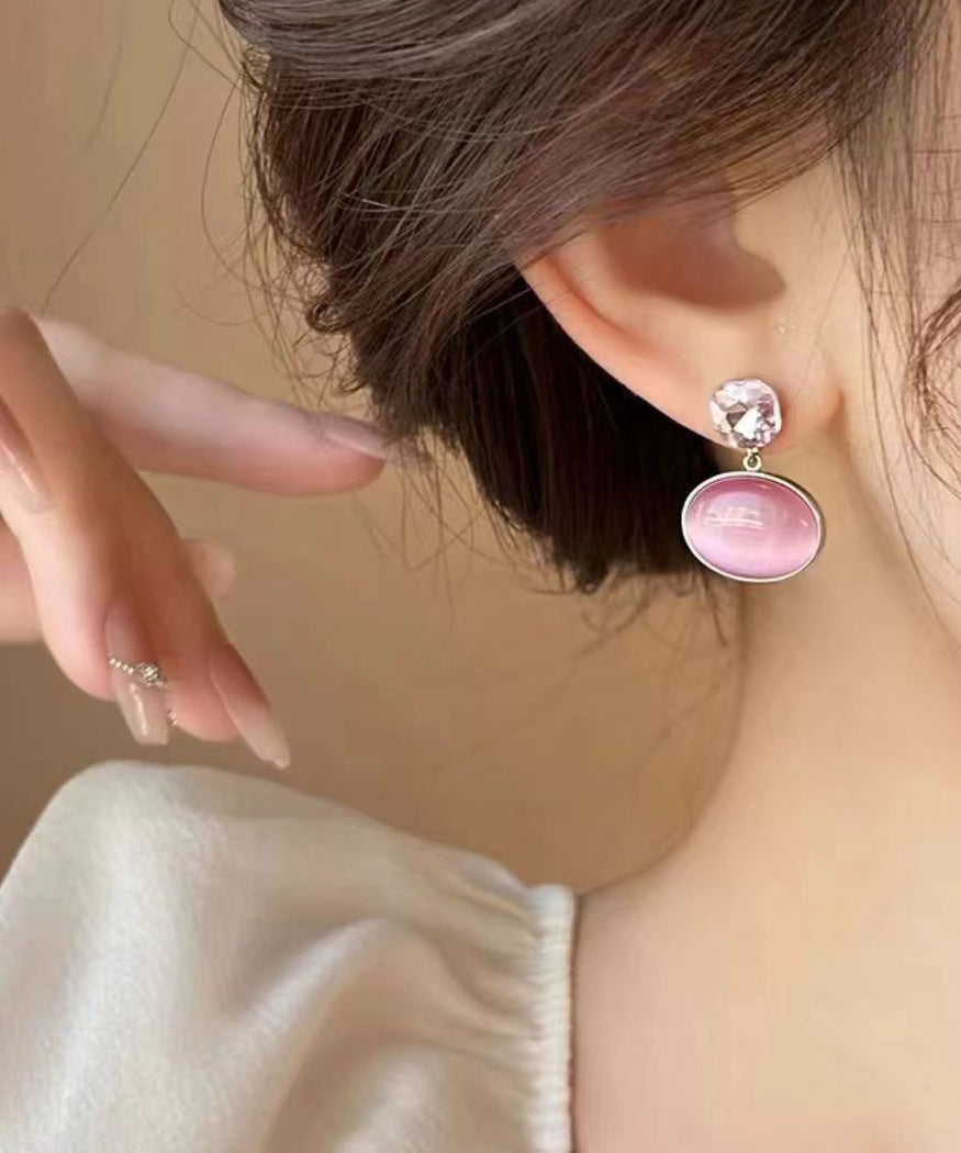 Fashion Pink Alloy Zircon Cat's Eye Stone Drop Earrings