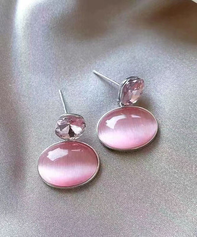 Fashion Pink Alloy Zircon Cat's Eye Stone Drop Earrings