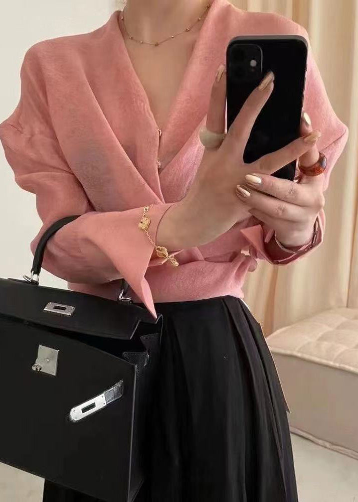 Fashion Pink Asymmetrical Jacquard Chiffon Top Fall