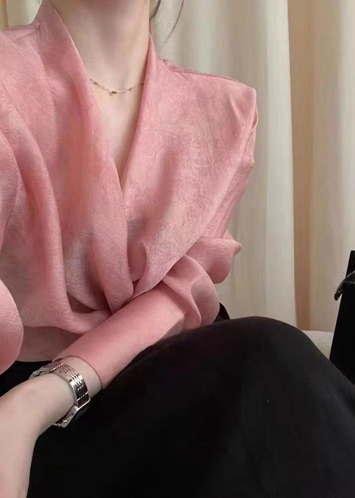 Fashion Pink Asymmetrical Jacquard Chiffon Top Fall
