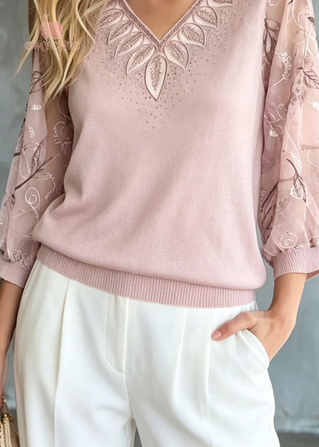 Fashion Pink Embroidered Zircon Knit Top Bracelet Sleeve