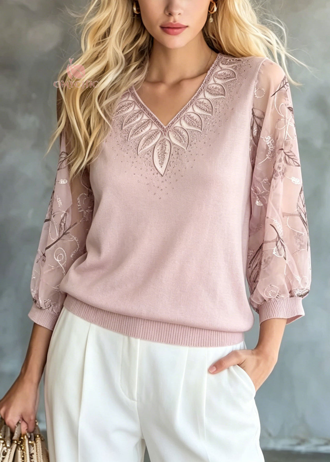 Fashion Pink Embroidered Zircon Knit Top Bracelet Sleeve