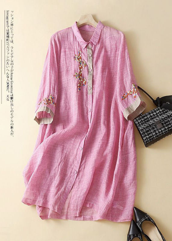 Fashion White Flowers Embroidered Patchwork Linen Shirt Dress Summer