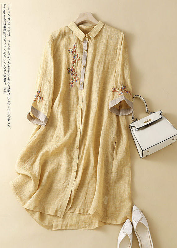 Fashion White Flowers Embroidered Patchwork Linen Shirt Dress Summer