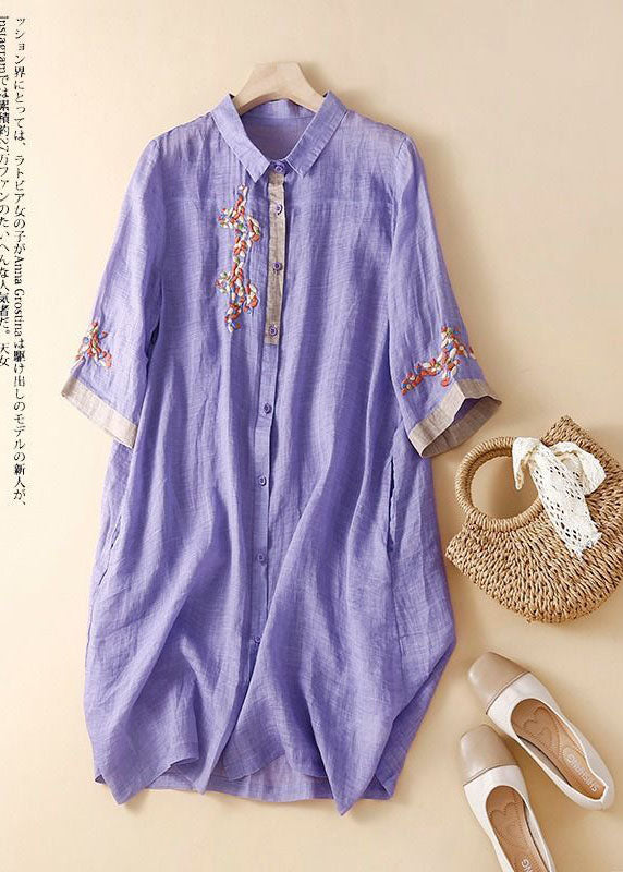 Fashion White Flowers Embroidered Patchwork Linen Shirt Dress Summer