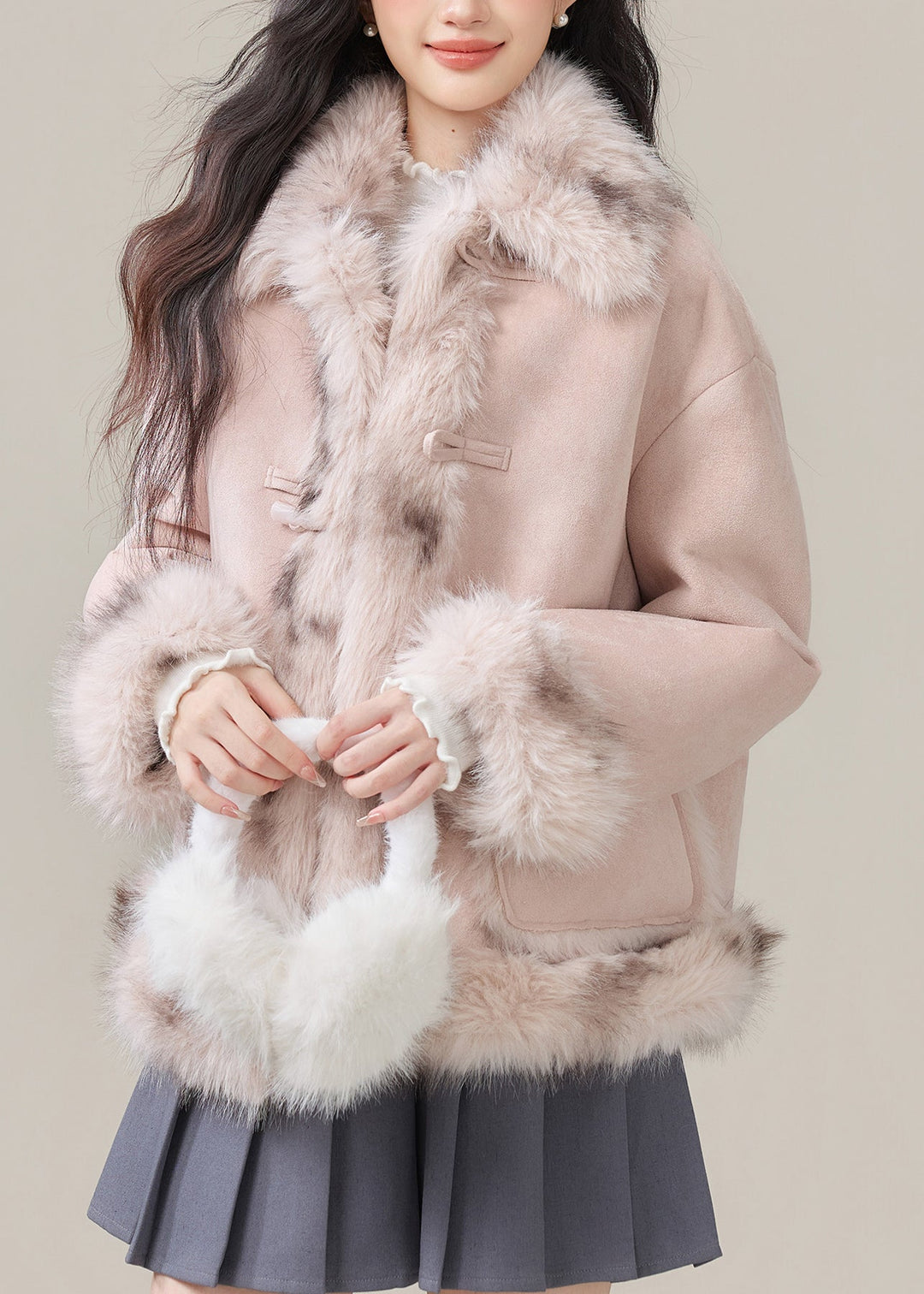 Fashion Pink Fur Collar Pockets Patchwork Warm Fleece Faux Suede Coats Winter