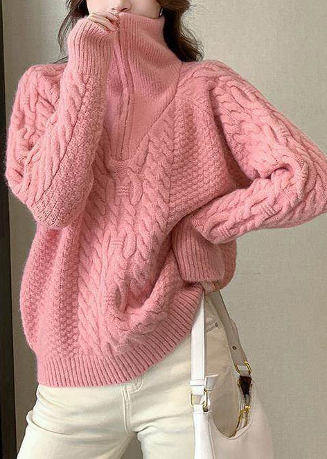Fashion Pink High Neck Cable Knit Sweater Winter