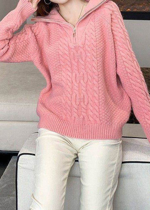 Fashion Pink High Neck Cable Knit Sweater Winter