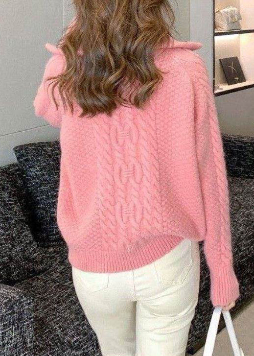 Fashion Pink High Neck Cable Knit Sweater Winter