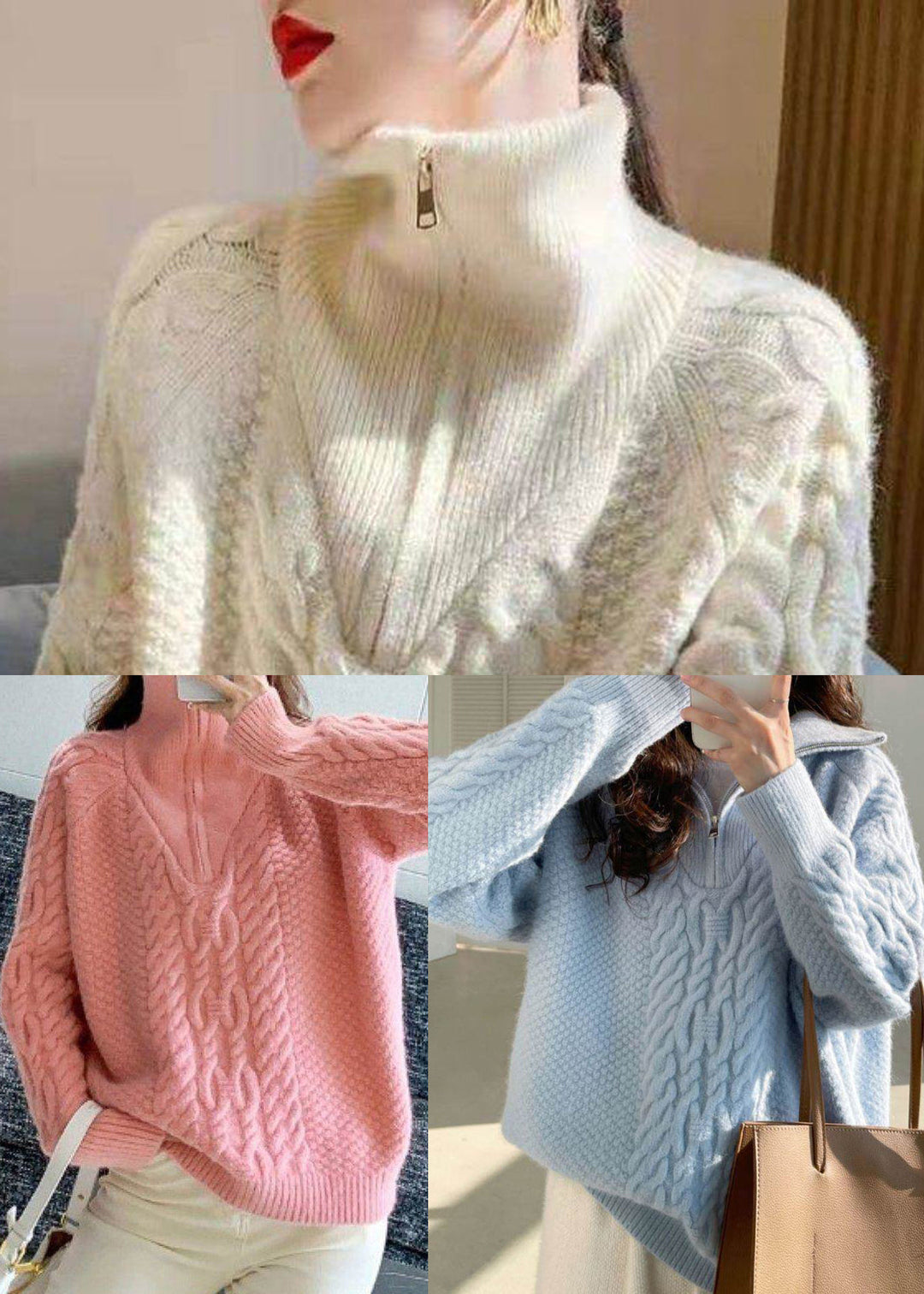 Fashion Pink High Neck Cable Knit Sweater Winter