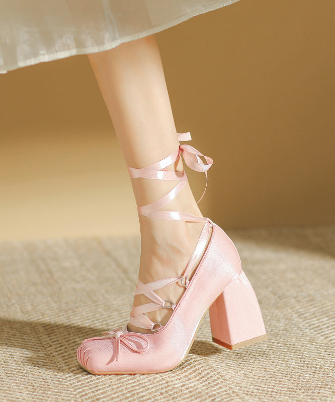 Fashion Pink Lace Up Splicing Chunky High Heels Pink Satin