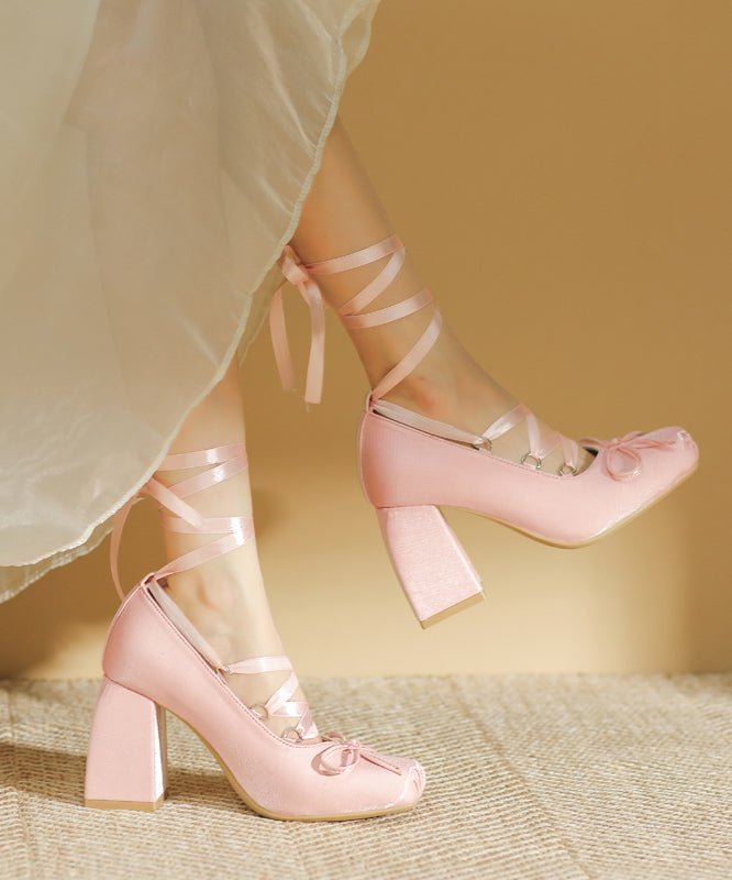 Fashion Pink Lace Up Splicing Chunky High Heels Pink Satin