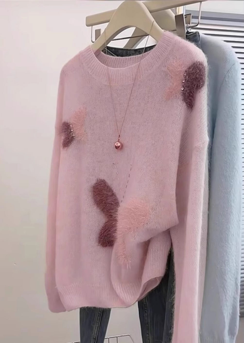 Fashion Pink Oversized Butterfly Knit Short Sweater Spring