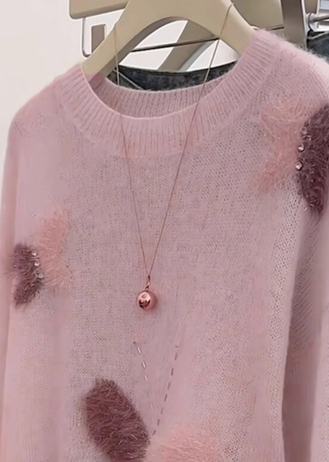 Fashion Pink Oversized Butterfly Knit Short Sweater Spring