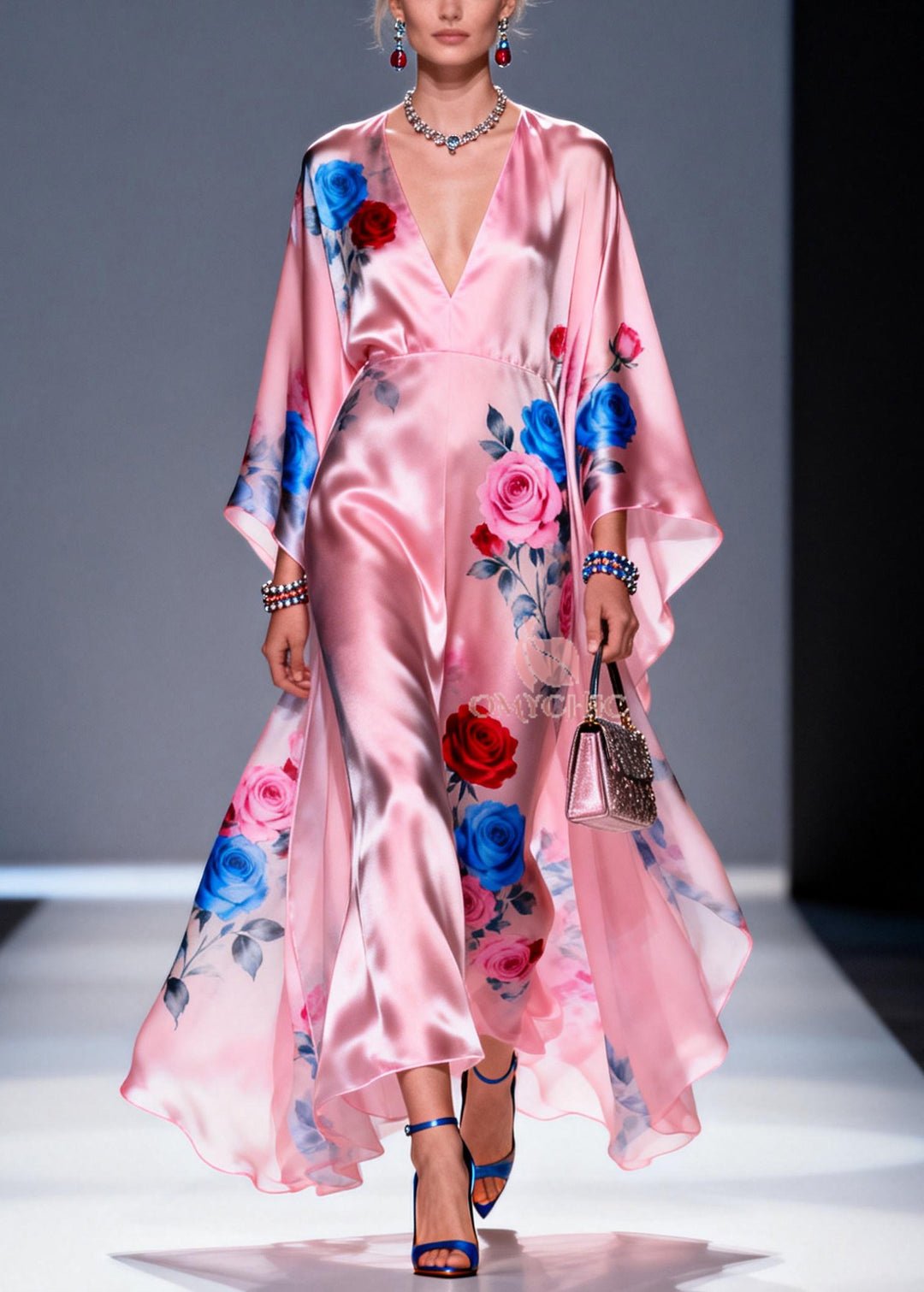 Fashion Pink Oversized Floral Print Silk Vacation Dress Summer