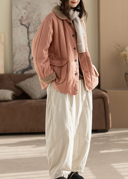 Fashion Pink Oversized Pockets Fine Cotton Filled Trench Winter