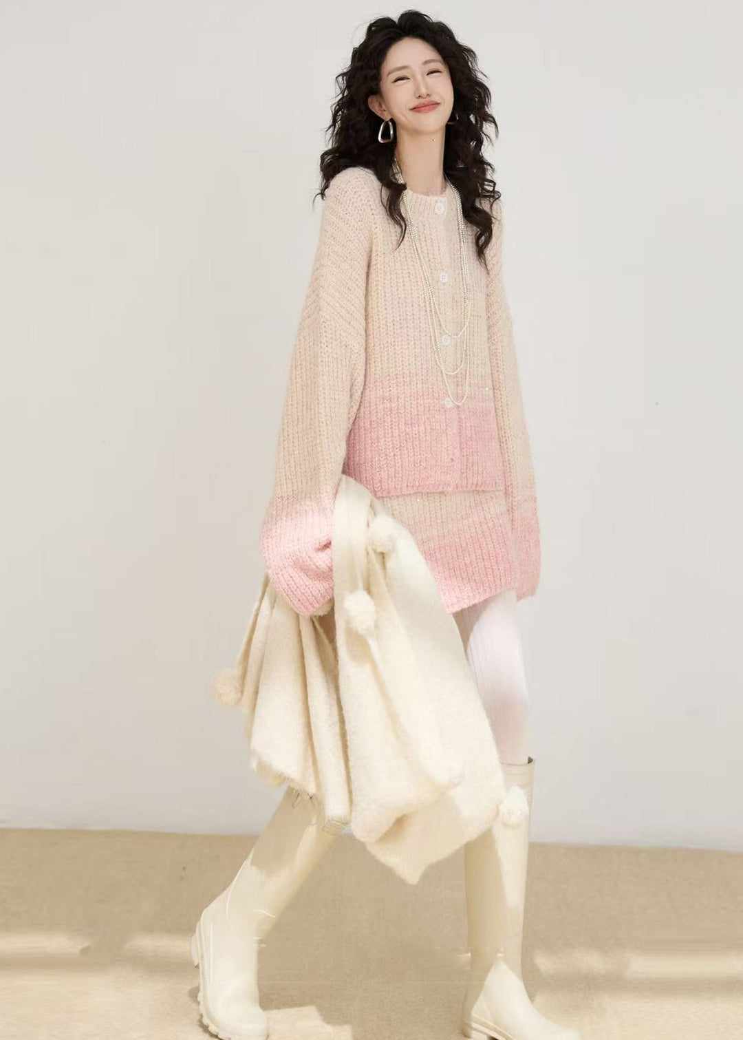 Fashion Pink Oversized Warm Knit Two Pieces Set Winter