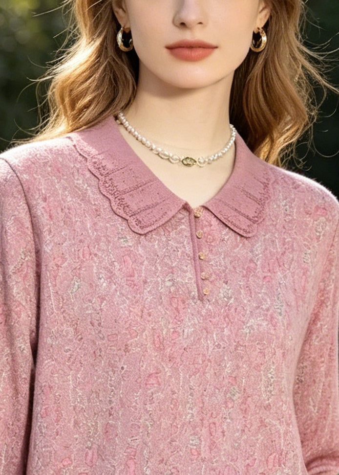 Fashion Pink Peter Pan Collar Print Cotton Shirt Top Summer