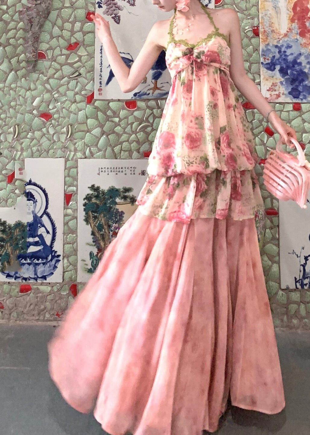 Fashion Pink Print Draping Chiffon Two Pieces Set Summer