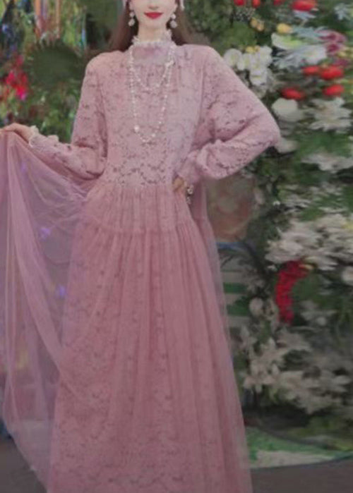 Fashion Pink Ruffled Tulle Patchwork Lace Long Dress Spring
