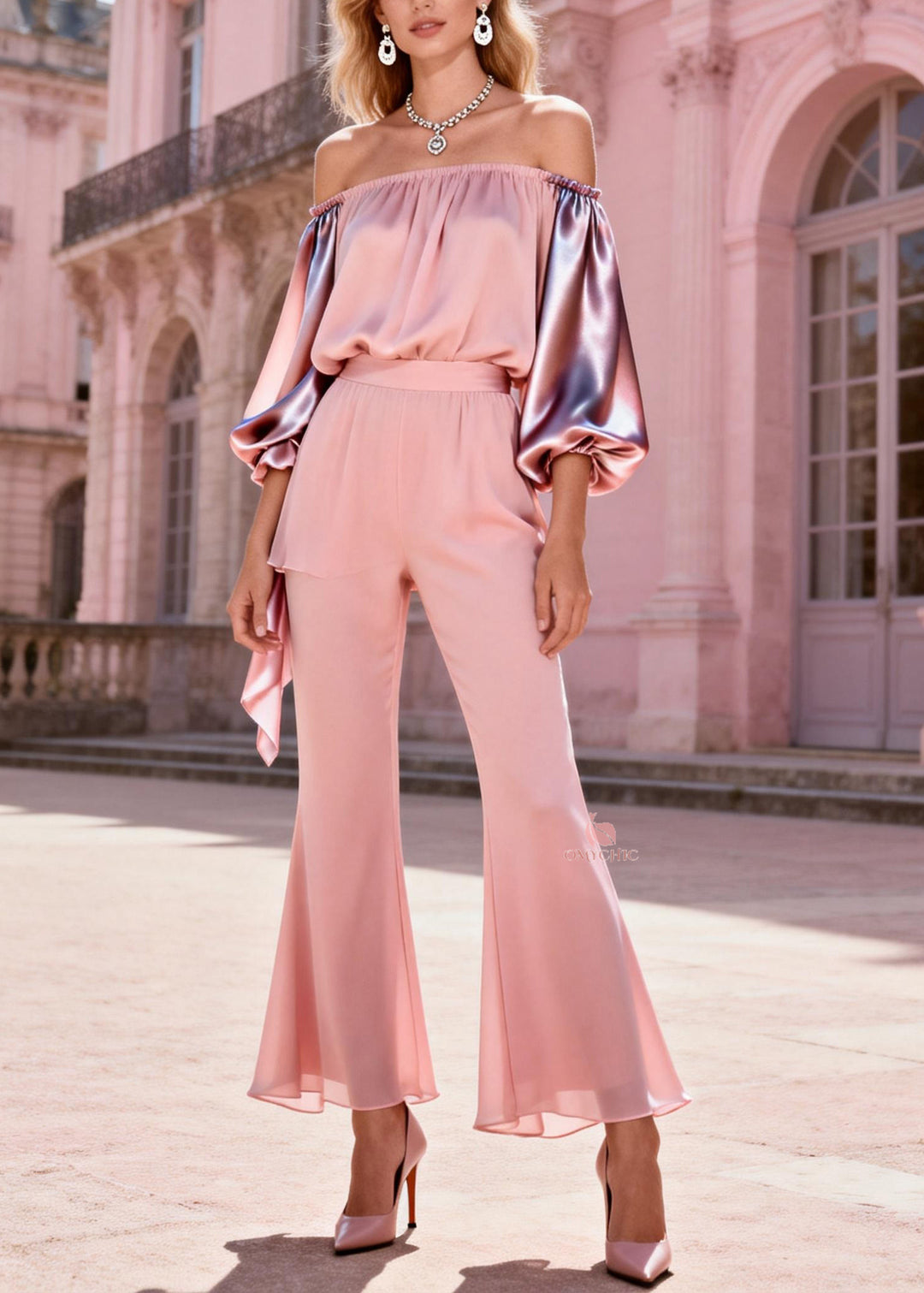 Fashion Pink Slash Neck Cold Shoulder Patchwork Silk Two-Piece Set Spring