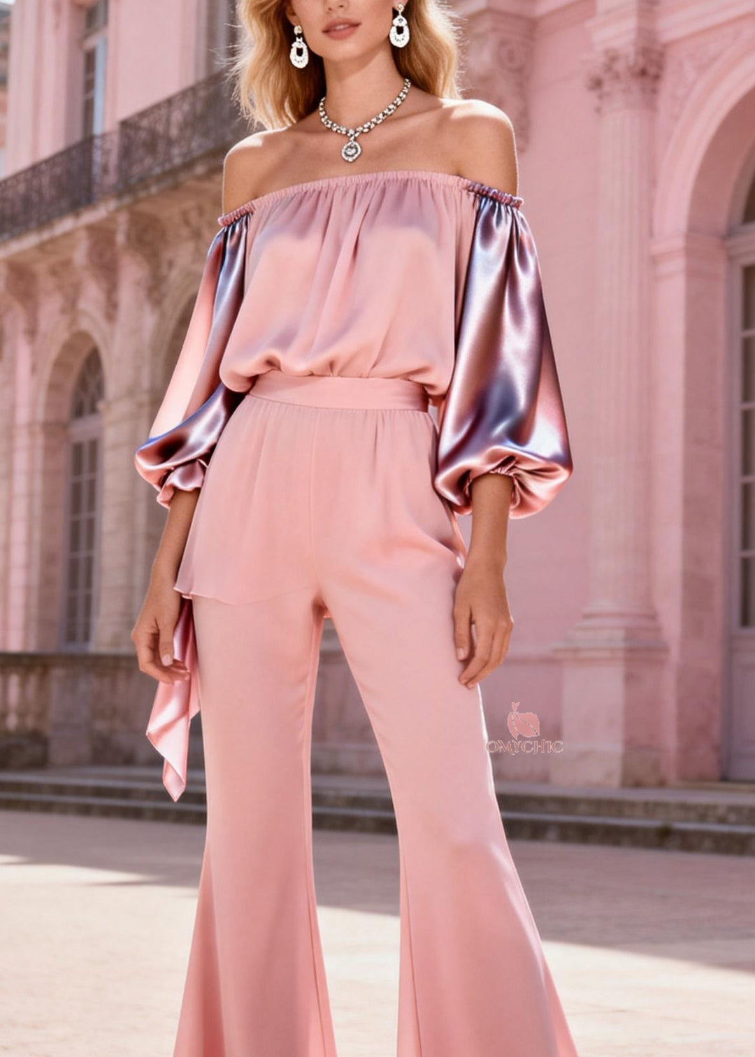 Fashion Pink Slash Neck Cold Shoulder Patchwork Silk Two-Piece Set Spring