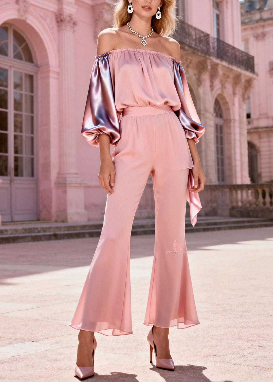 Fashion Pink Slash Neck Cold Shoulder Patchwork Silk Two-Piece Set Spring