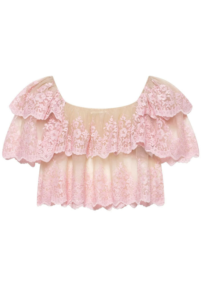 Fashion Pink Slash Neck Ruffled Embroidered Tulle Top Summer