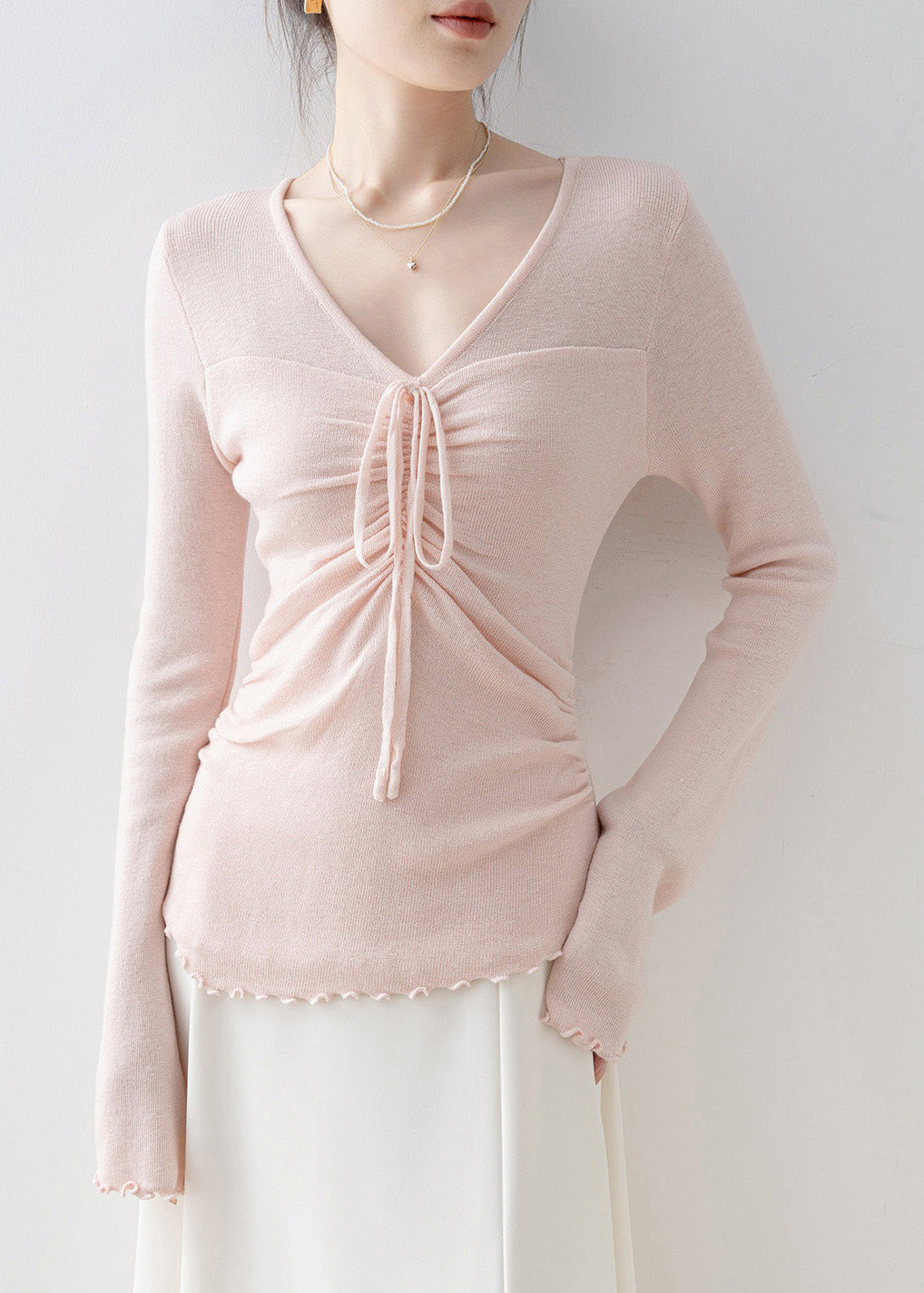 Fashion Pink V Neck Bow Knit Top Flare Sleeve