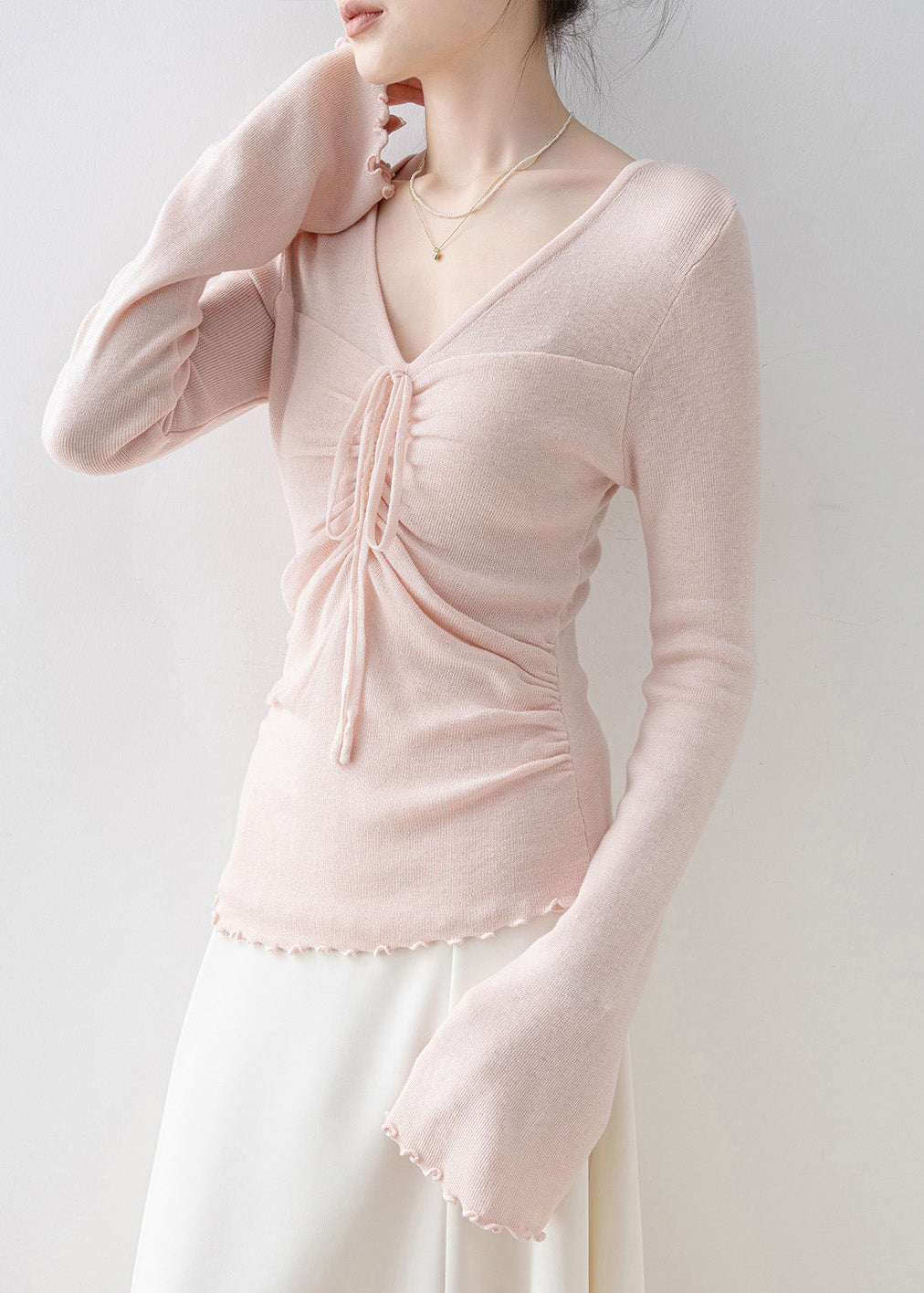 Fashion Pink V Neck Bow Knit Top Flare Sleeve
