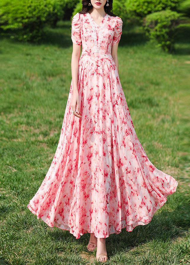 Fashion Pink V Neck Print Wrinkled Chiffon Long Dresses Summer