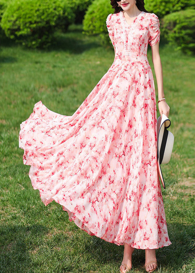 Fashion Pink V Neck Print Wrinkled Chiffon Long Dresses Summer