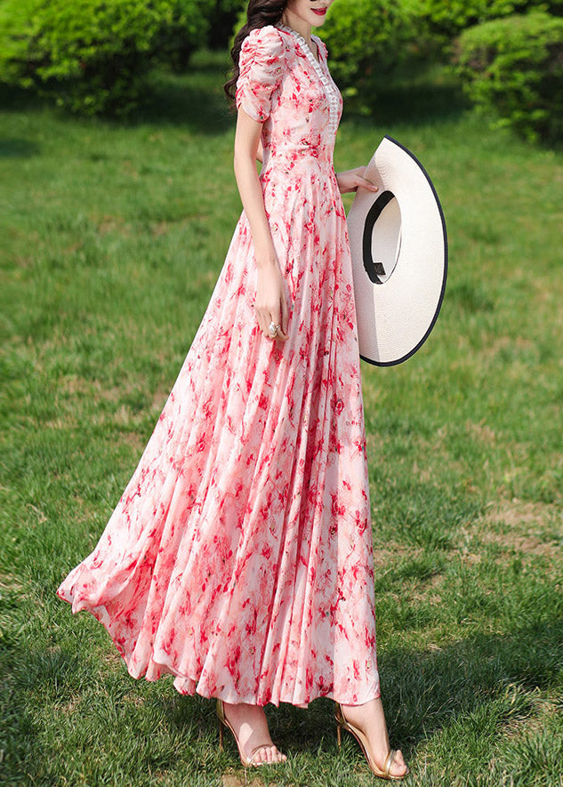 Fashion Pink V Neck Print Wrinkled Chiffon Long Dresses Summer