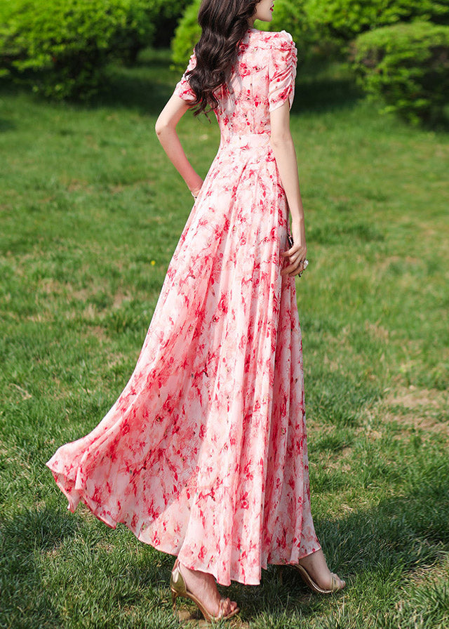 Fashion Pink V Neck Print Wrinkled Chiffon Long Dresses Summer