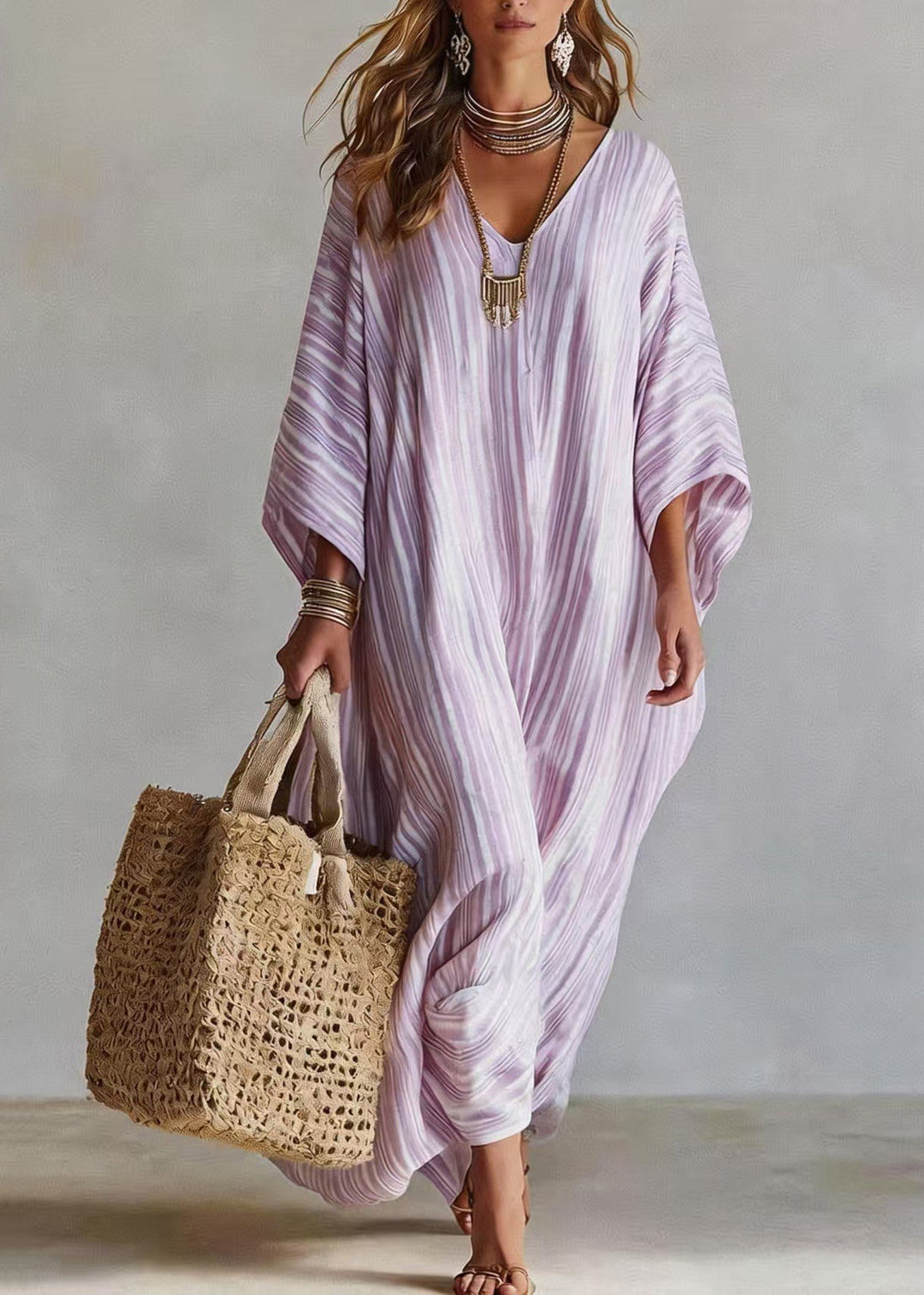 Fashion Pink V Neck Striped Cotton Long Dress Summer