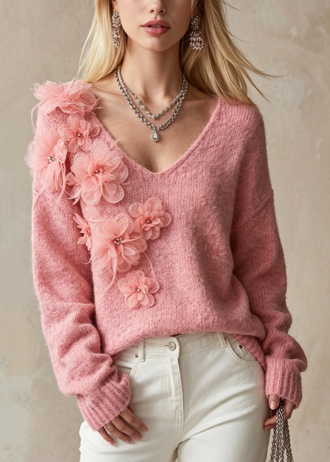 Fashion Pink V Neck Thick Floral Knit Sweaters Fall