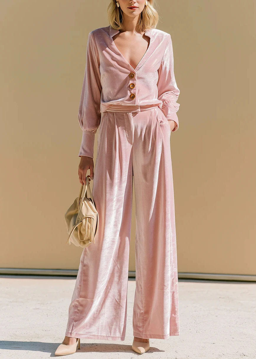Fashion Pink V Neck Velvet Top And Pants Two Piece Suit Set Fall