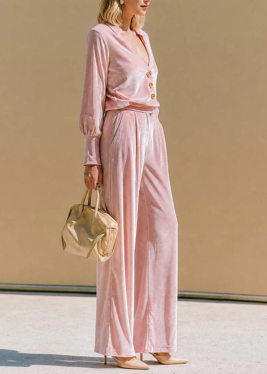Fashion Pink V Neck Velvet Top And Pants Two Piece Suit Set Fall
