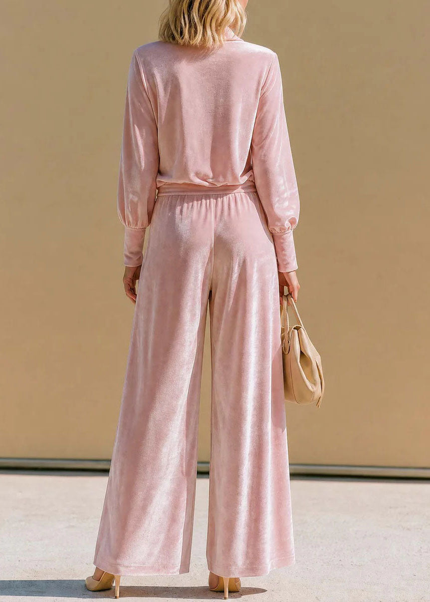 Fashion Pink V Neck Velvet Top And Pants Two Piece Suit Set Fall