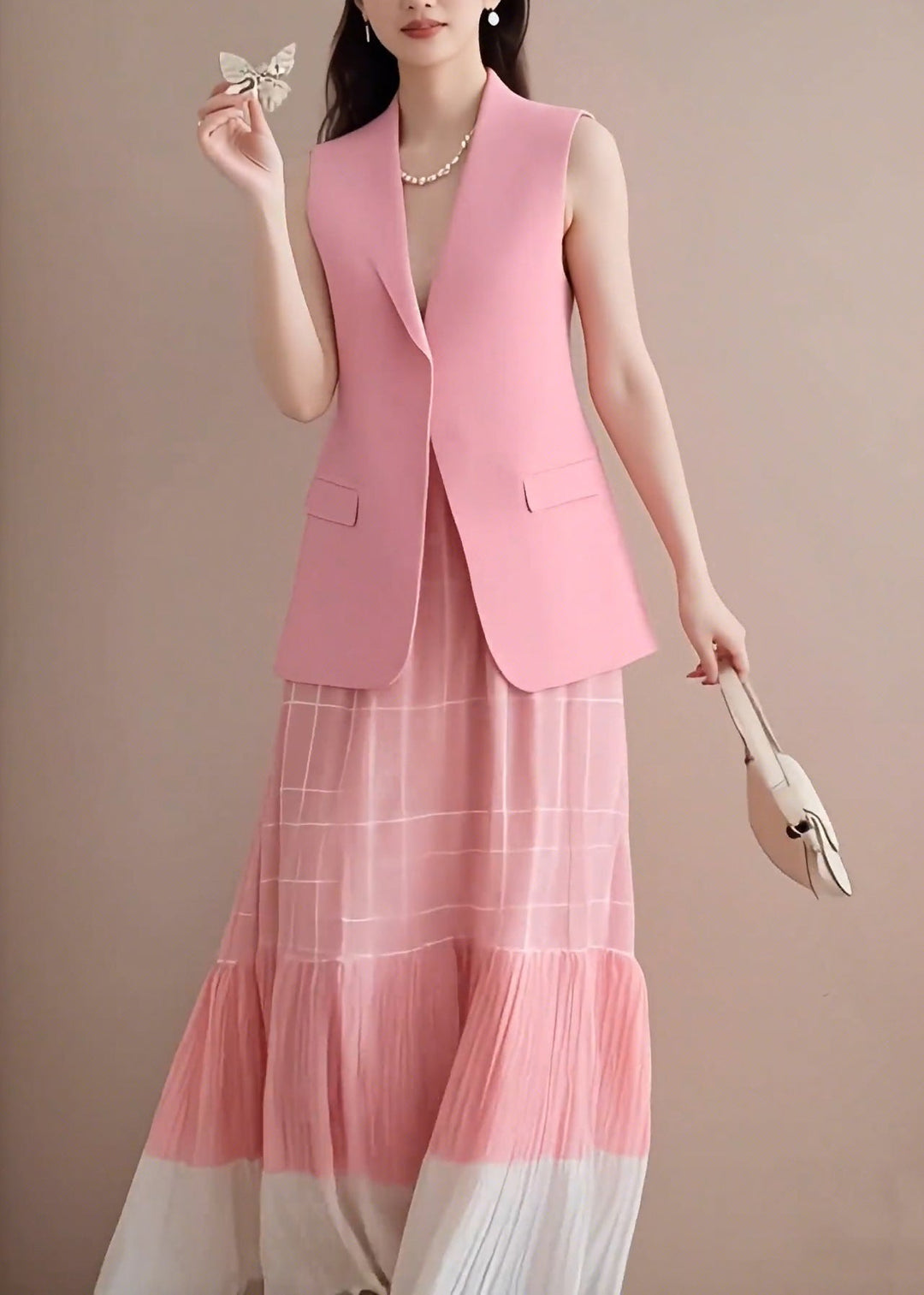 Fashion Pink V Neck Waistcoat And Wrinkled Skirts Two Pieces Set Sleeveless