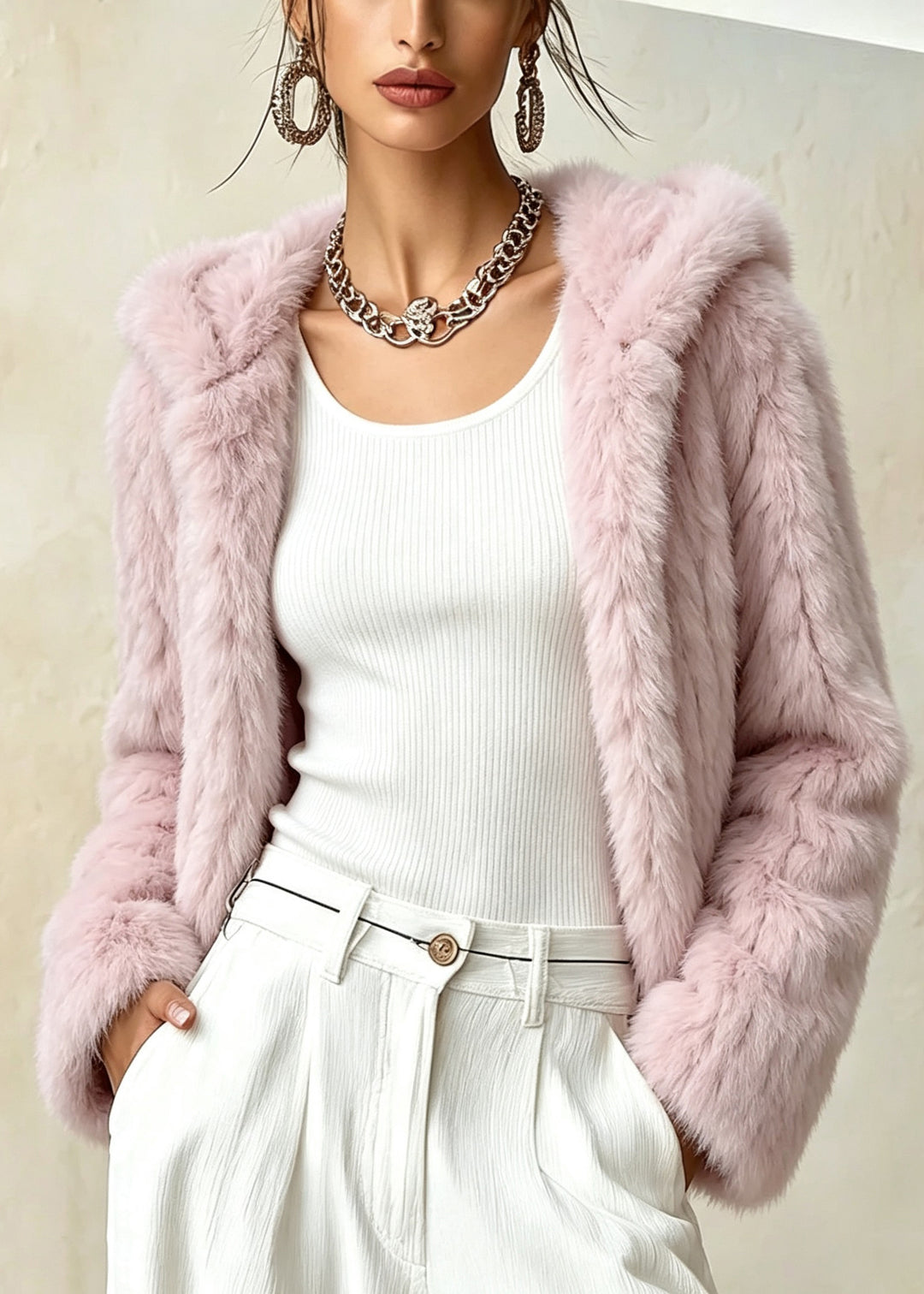 Fashion Pink Warm Thick Faux Fur Hooded Coat Winter