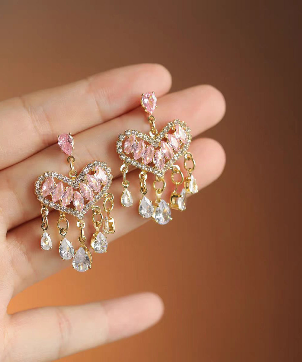 Fashion Pink Zircon Gold Plated Heart Shape Tassel Drop Earrings