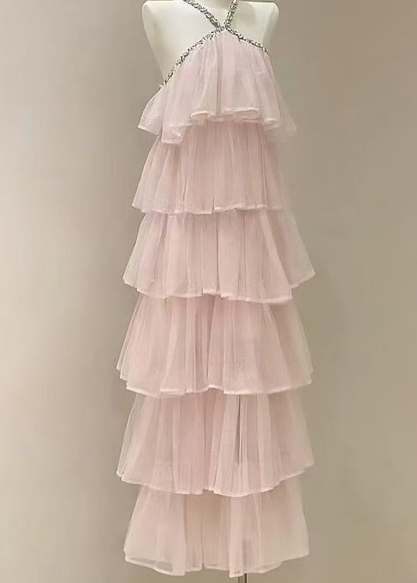 Fashion Pink Zircon High Waist Solid Tulle Long Dress Sleeveless